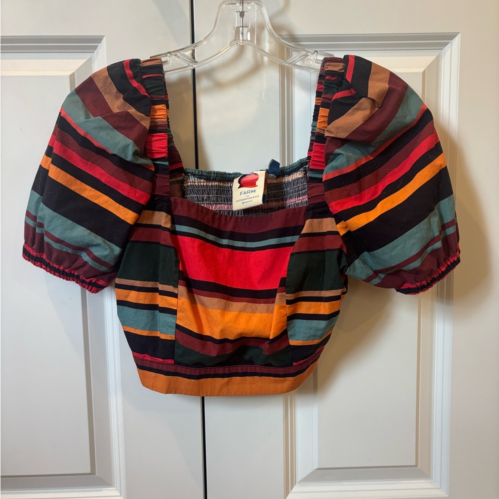 FARM Rio Orange and Red Crop Top with Puff Sleeves